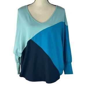 Willow Drive Medium Top V-Neck Dolman Sleeves Stretch Colorblock Blue Multi New